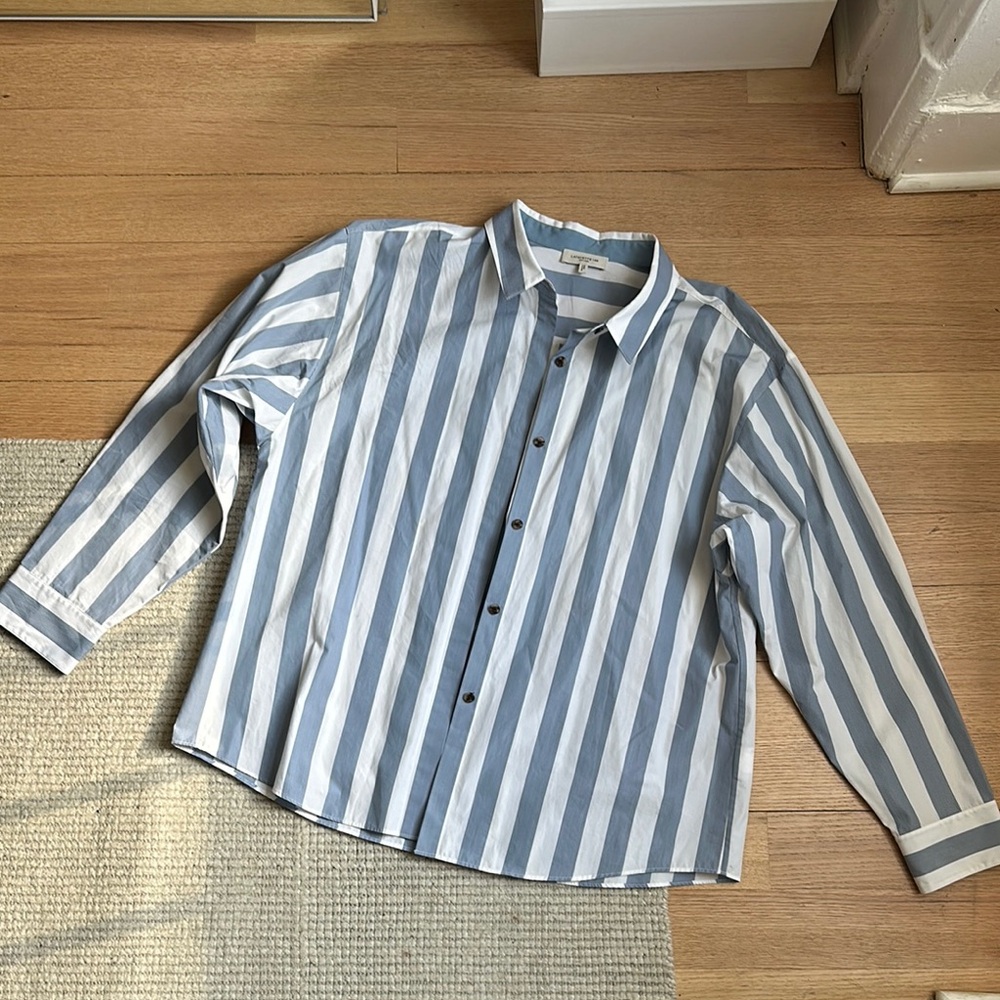 Lafayette 148 New York White Blue Striped Shirt Size XL